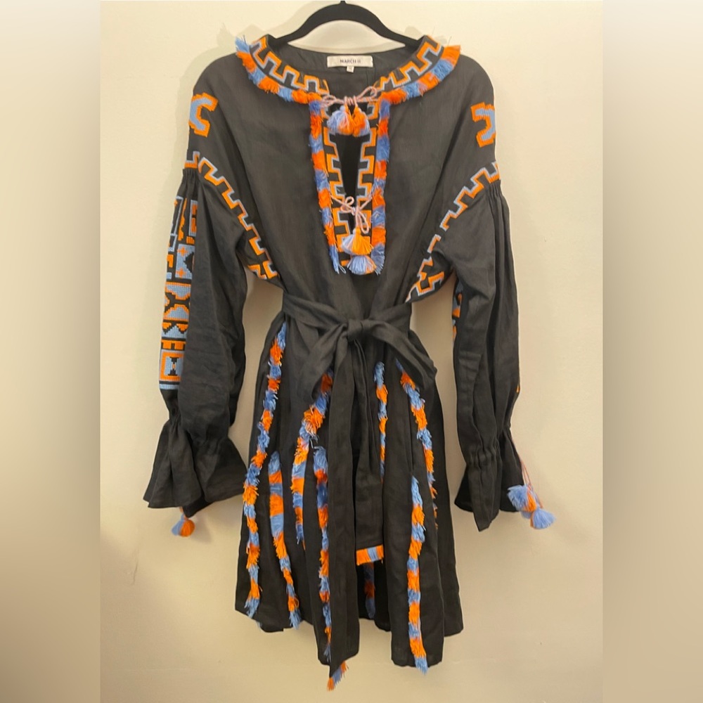 Ukrainian March 11 Embroidered Long Sleeve Dress - Black and Orange